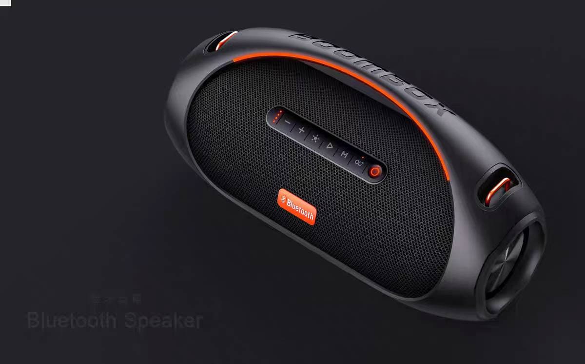 Rendering of a black portable audio device with an orange light strip