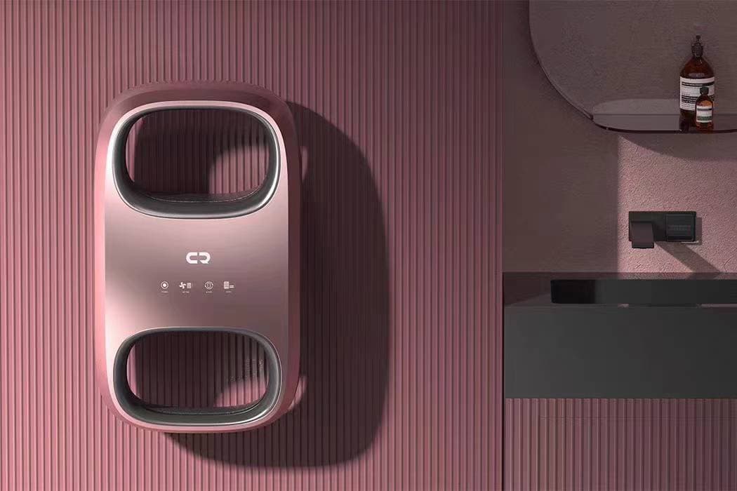 ローズゴールドの壁掛け式ケア機器を設置したシーンのレンダリング