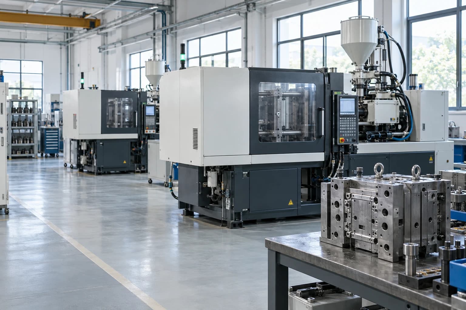 Injection molding machines and precision tooling in a bright workshop