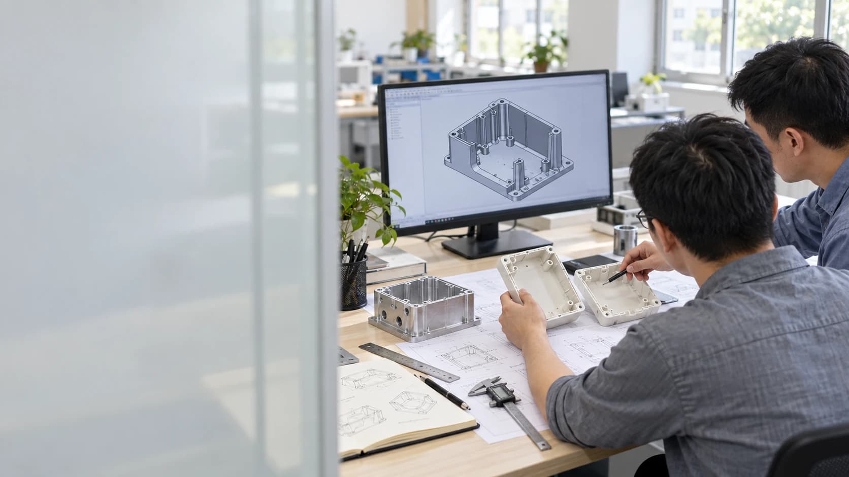 工程人員圍繞產品樣板、結構圖紙與 CAD 模型討論設計